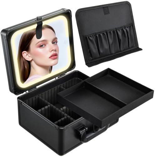 Faquenc Makeup Case with Lighted Vanity Mirror, Makeup Organizer Box Travel Make up Case with LED Mirror Portable Cosmetic Train Case for Countertop Lockable Makeup Suitcase with Adjustable Dividers