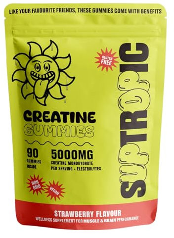 SUPTROPIC Creatine Monohydrate Gummies with Electrolytes – 5000mg Creatine + Magnesium, Potassium & Vitamin D3 – Zero Sugar, Strawberry Flavor – 90 Gummies – Pre/Post Workout Muscle Support