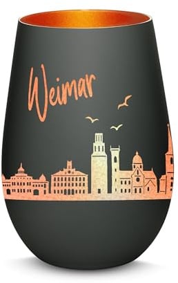 Gravur-Max Windlicht mit 360° Gravur Skyline Weimar Deko Glaslicht als tolles Geschenk mit Einer hochwertigen Lasergravur zu jedem Anlass in der Farbe Schwarz/Bronze