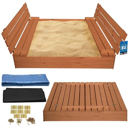 KOTARBAU® Sandkasten mit Abdeckung 140 x 140 cm Braun Großer Holzsandkasten Sandkasten mit Sitzbank und Deckel Gartenspielzeug Kinder imprägniert verschließbar mit Bänken
