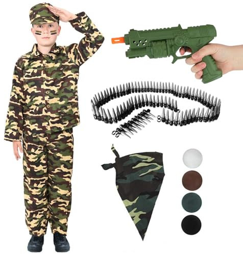 Army Boy Camo Outfit with Toy Gun, Bullet Belt, Bandana & Face Paint – Kids' Soldier Fancy Dress Costume for Book Week, Parties & Army Role Play - Medium