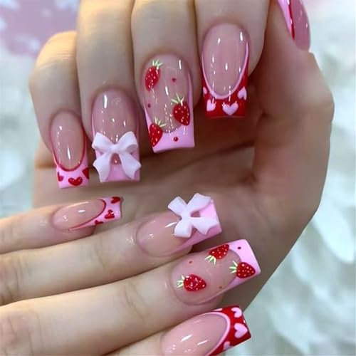Pffiocix 24x Mediums Square False Nails with Bows Heart Artificial Nails French Tip Stick on Nails Valentines Day Press On
