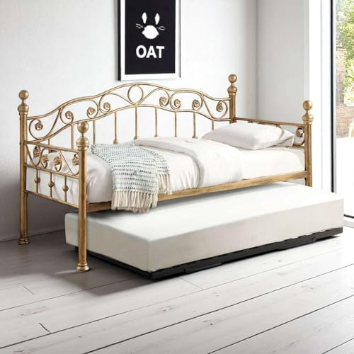 OAT Home Mayfair Antique Brass Effect Single Metal Day Bed Frame with Optional Pull Out Black Guest Trundle, Victorian Style (Antique Brass With Black Trundle)
