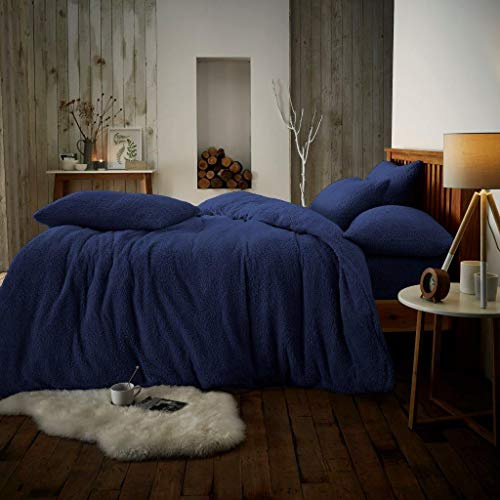 Teddy Fleece Navy King Duvet Cover Set with Pillow Cases, 100% Polyester Thermal Warm & Cozy Plain Super Soft Bedding Set