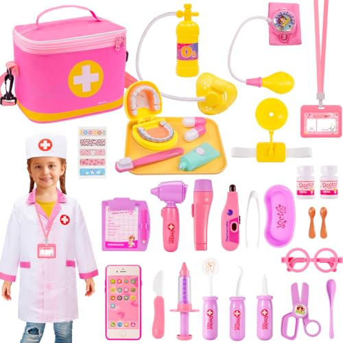 WIKITOT Doctors Set for Kids, Dentist Toys with Teeth, Doctor Costume for Boys Girls Age 3 4 5 6 Year Old, Doctor Role Play Toys for Kids Birthday Gifts(Pink)