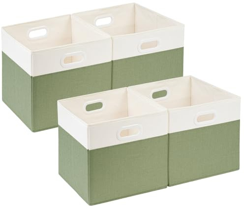 SOCOHOME Fabric Cube Storage Boxes,30x30x30cm Foldable Storage Baskets for Shelf Nursery Closet(Green/White, Set of 4)