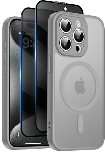 Qasyfanc für iPhone 15 Pro Hülle Sichtschutz Schutzfolie, Grau | Magnetisch Handyhülle Matt Hard PC Kratzfest Stoßfest Transluzente Schutzhülle