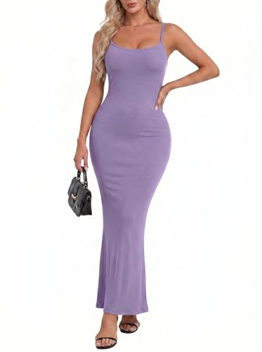 IWOLLENCE Maxi abito aderente da donna UK slip lungo sexy senza schienale spalline sottili scollo quadrato aderente elegante abito a costine con elastico