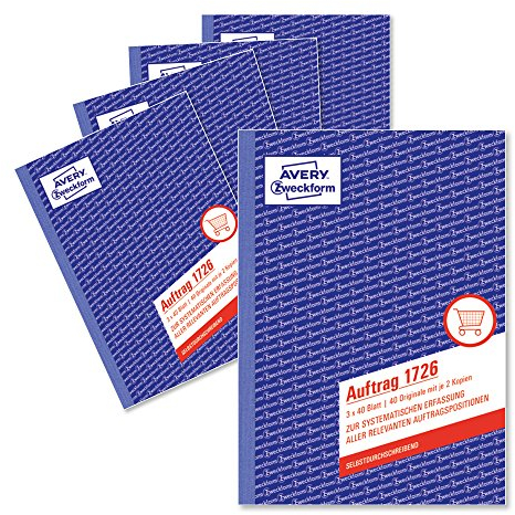 AVERY Zweckform 1726-5 Auftrag (A5, 3x40 Blatt, selbstdurchschreibend mit farbigen Durchschlägen, zur systematischen Erfassung aller relevanten Auftragspositionen) 5er Pack, weiß/gelb/rosa
