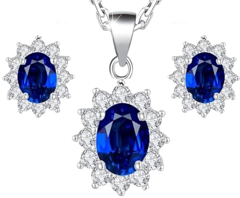 Crystalline Azuria Donna 18ct Placcato Oro Bianco Zaffiro simulato Blu Cristalli di Zirconi Ellisse Parure Collana con Ciondolo 45 cm Orecchini a Lobo