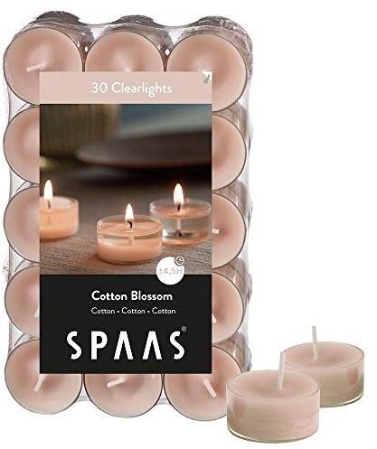 Spaas 30 Scented Clearlights, Tealights in Transparent Clear Cup, ± 4.5 Hours lumini profumati in Tazza Trasparente, ± 4,5 Ore, Cera di paraffina, Bicchiere di plastica, Beige, Cotton Blossom, unità