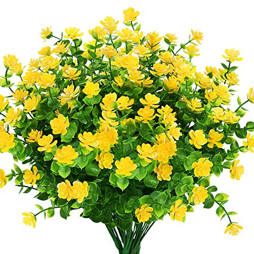 KLEMOO Künstliche Blumen, UV-beständig, Buchsbaum-Pflanzen, Sträucher, 4 Stück, Kunstkunststoff, Grün für drinnen und draußen, hängender Übertopf Zuhause, Büro, Hochzeit, Bauernhaus, Dekoration (gelb)