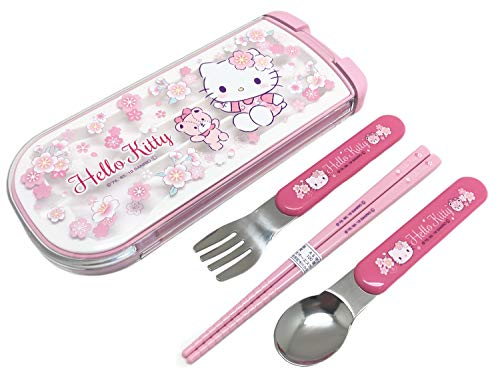 OSK Pic-Nic CT-20 - Juego de cubiertos para fiambrera, tenedor, cuchara y palillos en caja de transporte deslizante, fabricado en Japón, Hello Kitty, flores de cerezo rosa