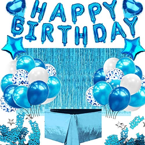 iZoeL Decorazioni Compleanno Blu - Happy Birthday Festone, Palloncini Bianchi E Blu, Tovaglia, Tenda A Frange - Per Ragazzo, Uomini