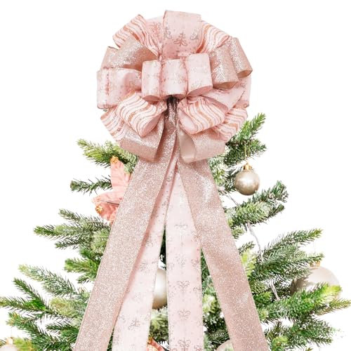 Weihnachtsbaumspitze, 81,3 x 30,5 cm, große Spitzen, Schleife mit Glitzer-Satin-Netz-Luftschlangen, rotgoldene Weihnachtsbaumspitze für Weihnachten, Heimdekoration (Roségold)