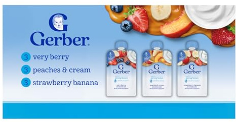 Gerber Toddler Food, Very Berry, Peaches & Cream, Strawberry Banana, Fruit Puree and Yogurt Pouches, Calcium Helps Support Strong Bones, No Artificial Flavors, 9-Pack