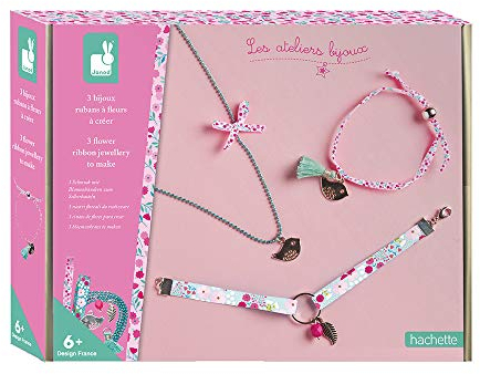 Janod - Set zum Herstellen von 3 Blumen-Schmuckbändern - Les Ateliers Bijoux - Set für kreative Freizeitbeschäftigungen für Kinder - Entwicklung von Feinmotorik und Kreativität - Ab 6 Jahren, J07928