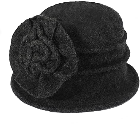 ZLYC Damen Winter Wolle Fischerhüte Blumen 1920s Vintage Bowler Hut (Blumen Dunkelgrau),Einheitsgröße