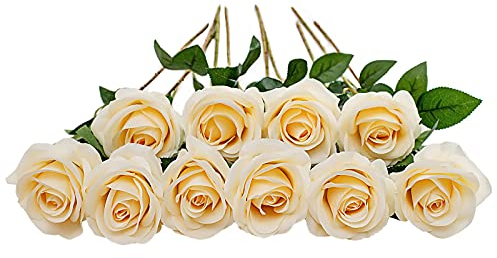 DuHouse 10 Stück künstliche Rosen Seidenblumen Fake Rose 54cm einzelnen Langen Stiel Bouquet für Arrangement Hochzeit Tafelaufsatz Party Haus Küche Dekor(helles Champagner)