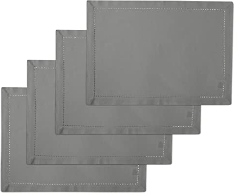 Encasa XO Tischsets Set aus 4 | Reine Baumwolle mit Hohlsaum-Design | Grau | Rechteckige 48x32 cm - Tischuntersetzer | Maschinenwaschbar