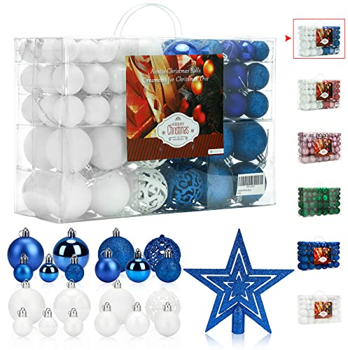 Aitsite 101 Stück Christbaumkugeln Weiß and Blau Weihnachtskugeln 6CM/4 cm/2 cm Kunststoff Christbaumschmuck Wandbehang Ornamente Weihnachtsbaum Kugeln Flitter Tür Dekorationen Festival Dekore