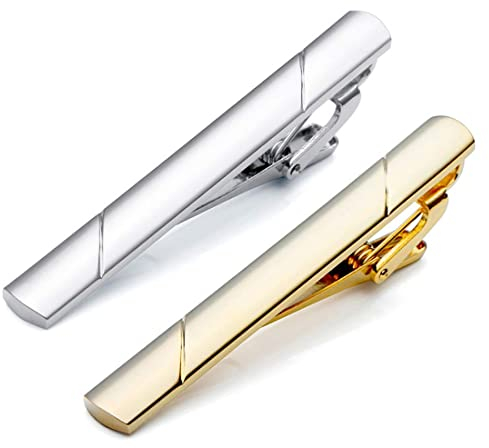 2 pcs Pince à cravate minimaliste en métal pour homme -Pince à cravate - Pour le travail, les mariages, les occasions décontractées ou formelles (Or + Argent)