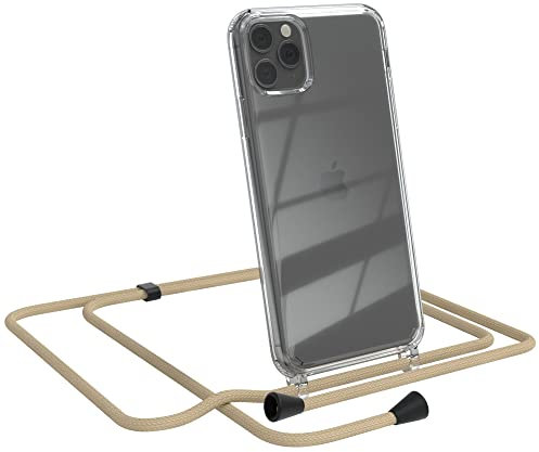EAZY CASE Handykette kompatibel mit iPhone 11 Pro Max Handyhülle mit Umhängeband, Handykordel mit Schutzhülle, Silikonhülle, Hülle, Stylische Kette für Smartphone, Taupe - Clips Schwarz