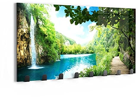 DEQORI Wandgarderobe Glas & Metall | Motiv Wasserfall im grünen Wald | 60x30 cm | Design Haken-Leiste modern | Garderoben-Paneel für Flur, Wohnzimmer & Schlafzimmer | magnetisch & beschreibbar