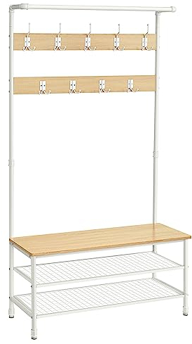 VASAGLE Coat Rack Stand, Large Hall Tree with Bench and Shoe Storage, 9 Hooks, Shoe Rack, Hanging Rail, 41.5 x 100 x 182 cm, for Hallway, Living Room, Bedroom, Oak and White HSR047W09