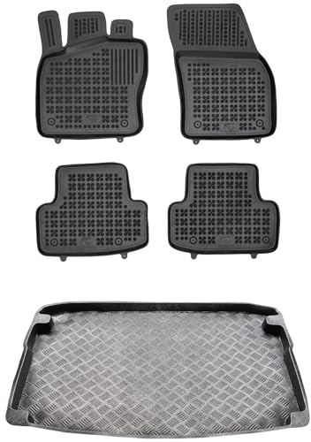 MOTOS Satz Gummifußmatten und PE Kofferraumwanne für Skoda Karoq ab 2017 Verbessern Sie Ihren Reisekomfort mit Antirutschmatte Auto - Allwetter fußmatten Auto, Schutz vor Verschmutzung