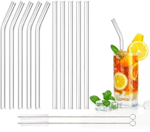 DONQL 10 Stück Glasstrohhalme Glas Wiederverwendbar Trinkhalme Qualität Trinkhalme aus Glas mit 2 Reinigungsbürsten Länge 20cm Perfekt für alle Getränke Milch (Gerade+Gebogen)