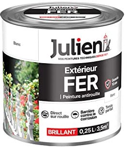Julien Peinture Fer Anti-Rouille Brillant - Portes, grilles, portails, mobilier de jardin en métal - Blanc Satin 0,25 L