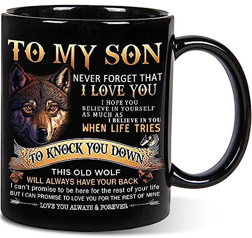 Aurahouse Mug for Son - 11 Oz Wolf Coffee Cup from Mom Dad for Birthday, Father's Day, Graduation, Christmas - Gift for Adult Kids Men