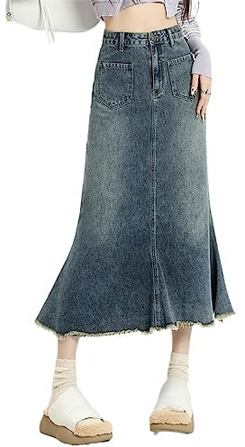 Frauen Denim Röcke Vintage Trompete Rock Chic Taschen Solide Hohe Taille Midi Rock, blau, 44