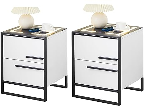 CLIPOP Nachttisch 2er Set Nachttischschrank mit Smart Wireless Charger und 2 Schubladen, Hochglanz Nachtschränkchen Beistelltisch Nachtkommode mit Metallrahmen und Touchscreen LED Licht,Weiß