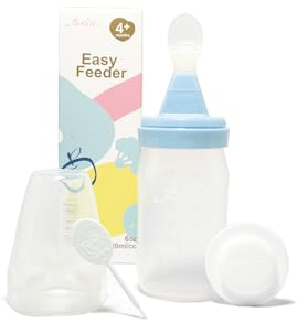 FARLIN Baby Food Easy Feeder, 6 oz, Squeeze Bottle with Dispensing Spoon - Wide Neck Easy to Clean, Soft Safety Spoon, BPA Free for Infant Feeding, Weaning Spoons (6oz, 180ml/cc, Blue)