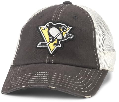 AMERICAN NEEDLE Offiziell lizenzierte NHL Hockey Orville Teammütze, Distressed, Dad Cap, verstellbar, authentisch, Pittsburgh Penguins (Schwarz/Stein), Einheitsgröße