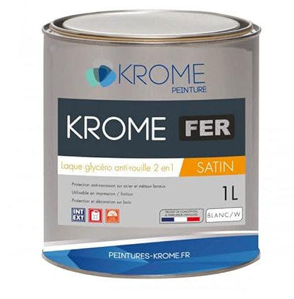 KROME PEINTURE - Krome Fer Peinture-laque glycéro antirouille Intérieur et Extérieur - Conditionnement 1L, Couleur BLANC