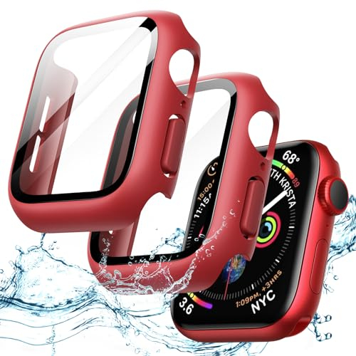JETech Wasserdichte Hülle mit Schutzfolie für Apple Watch SE (2022/2020) / Series 6 5 4 40mm, Eingebautes Gehärtetes Glas Displayschutz Hart PC Vollständig Schutzhülle, 2 Stück (Rot)
