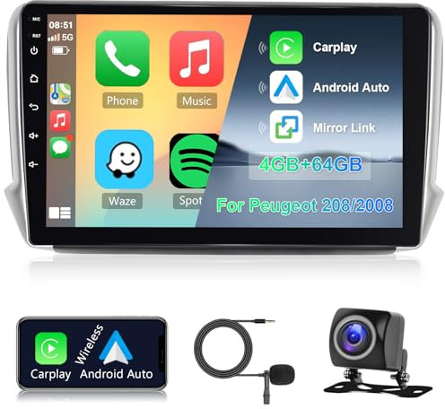 Hodozzy Autoradio 4G+64G für Peugeot 208/2008 2012-2018 Android 8 Core 10,1 Zoll IPS Bildschirm GPS Navi mit Wireless Carplay Android Auto Doppel-DIN Autoradio Bluetooth DSP WiFi FM RDS Kamera