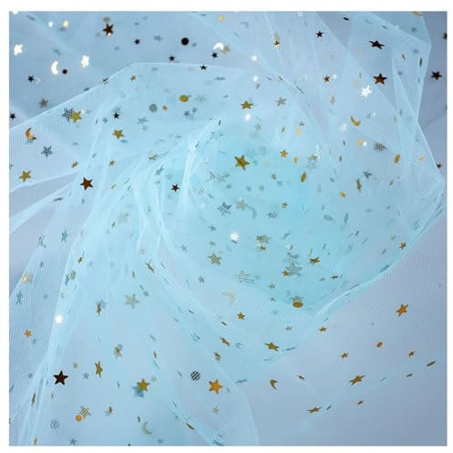 Hrlace Tissu en tulle à paillettes 3 m de large, 150 cm de large, motif d'étoiles, de lune, paillettes, tissu décoratif pour bricolage, couture, vêtements, tutu, jupes, mariage, fête, bleu clair, 300