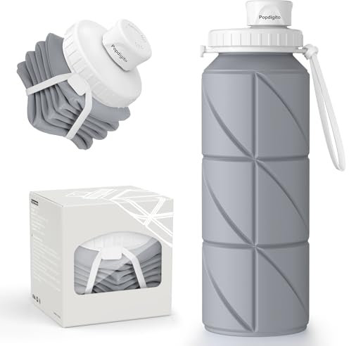 Popdigito Faltbare Wasserflaschen, faltbare Reisewasserflasche aus Silikon, auslaufsicher, flexibel, BPA-frei, tragbar,Wasserflasche, leicht, für Camping, Wandern, Sport, Wasserflaschen für unterwegs