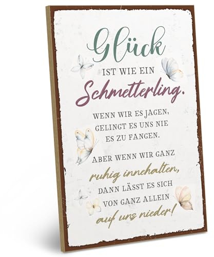 ARTFAVES® Wandbild Holzschild mit Spruch - Glück ist wie ein Schmetterling - Türschild Retro Vintage Deko Bild Geschenk - Glücklichsein