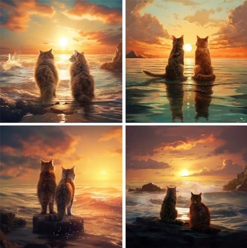 Diamond Painting, 4 Stück Katze Diamond Painting Kinder Sonnenuntergang Diamant Painting Bilder Erwachsene XXL 78x78CM, DIY Eckige Vollbild Diamond-Painting für Wand Home Schlafzimmer Deko Aesthetic