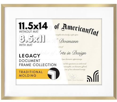 Americanflat Diploma Frame with Shatterproof Glass, 8.5 x 11 Inch with Mount or 4.5 x 5.5 without Mat, Thin Frame for Wall Decor, Legacy Collection, Gold | Shatter-resistant glass, hangs vertical or horizontal, sawtooth hangers included, secure turn-tab backing