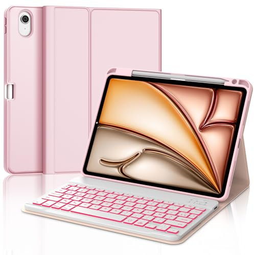 IVEOPPE Clavier iPad Air 11 Pouces M3/M2 (2025/2024), Coque Clavier AZERTY Français rétroéclairé 7 Couleurs Détachable sans Fil Bluetooth pour iPad Air 11 M2 2024/M3 2025 11 Pouces, Rose