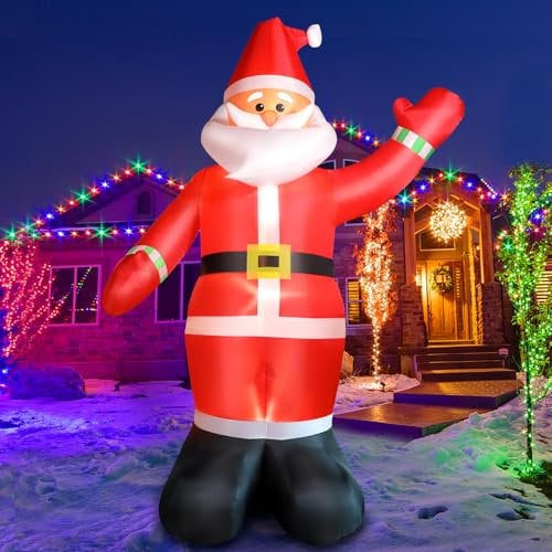 Omdekor 300 cm Weihnachten Aufblasbarer Deko, Weihnachtsmann mit Roten Handschuhen LED-Licht Gartendekoration, 10 FT Weihnachtsmann Aufblasbar Innen/Außen Verbesserte Weihnachtsdekoration