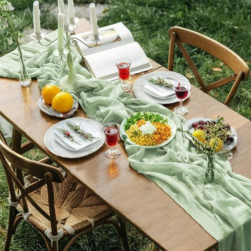 Tischläufer grün Boho 80*300cm, Musselin Outdoor Tischläufer Abwaschbar, salbeigrün Chiffon Modern Läufer Tisch, Tischband Modern küChe Tisch Dekoration Drinnen Urlaub Hochzeit Party Geburtstag Dekor