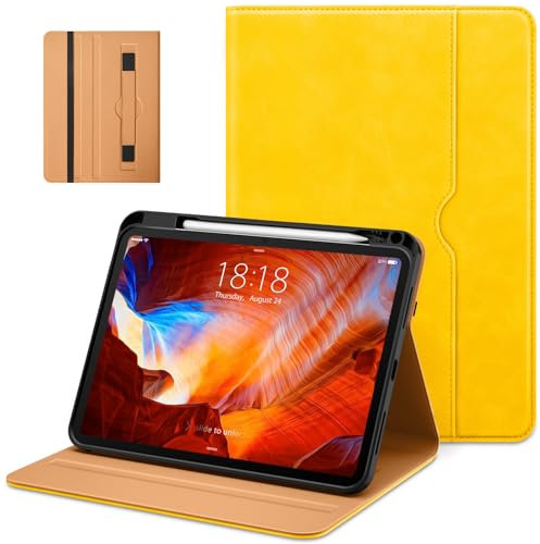 DTTO for iPad Pro 11 inch Case (M4) 2024, Premium Leather Business Folio Stand Cover with Pencil Holder - Auto Wake/Sleep and Multiple Viewing Angles, Yellow