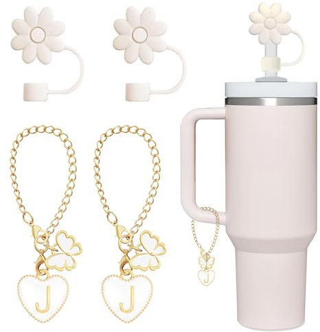 EnigmaDrops Compatible with Stanley Cup Accessories, 2PCS Butterfly Letter Charms with 2PCS 10mm Stanley Straw Cover Cap for Stanley Cup 30&40 Oz, Silicone Stanley Straw Toppers for Stanley Tumbler(J)